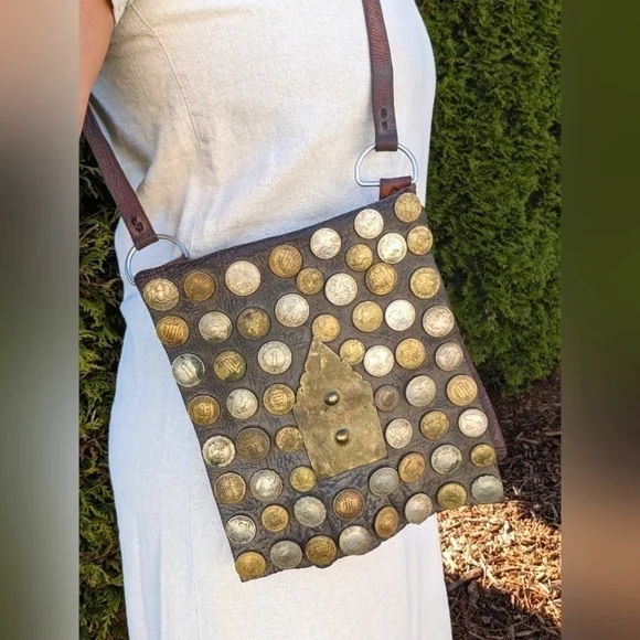 Vintage Collectible 1800s Moroccan Berber Leather Water Seller Bag Purse W Coins - Picture 1 of 13